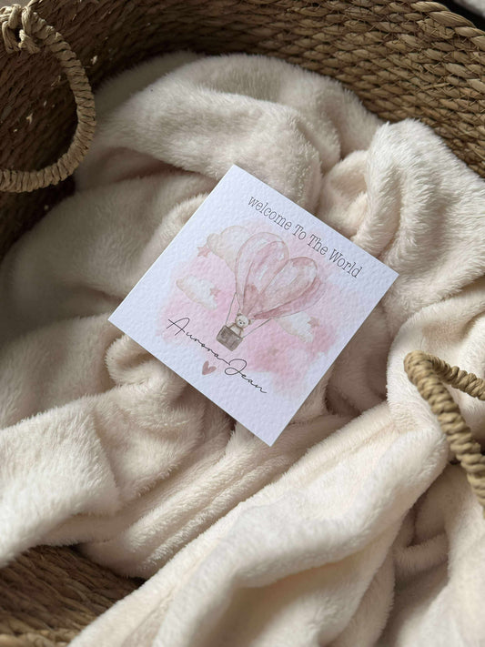 Welcome to the world personalised pink hot air balloon bear design