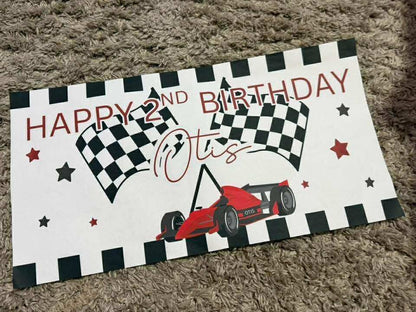 Personalised race car theme birthday banner