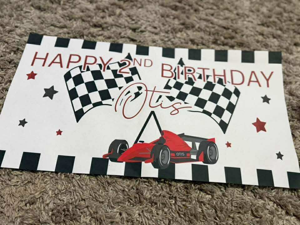 Personalised race car theme birthday banner