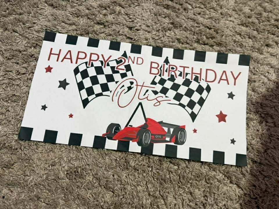 Personalised race car theme birthday banner