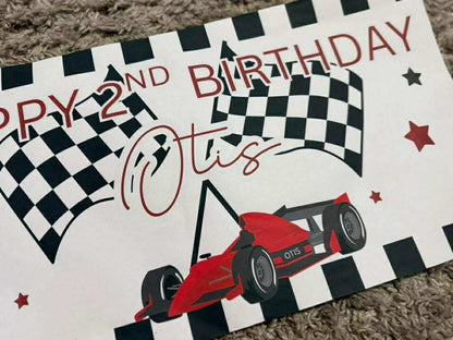 Personalised race car theme birthday banner