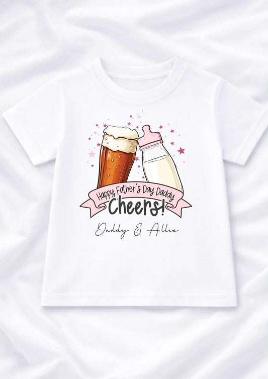 BEER/BABY BOTTLE HAPPY FATHERS DAY TSHIRT PINK