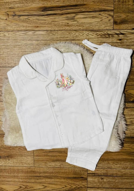 White 2pc pjs pink/ green jacket bunny design