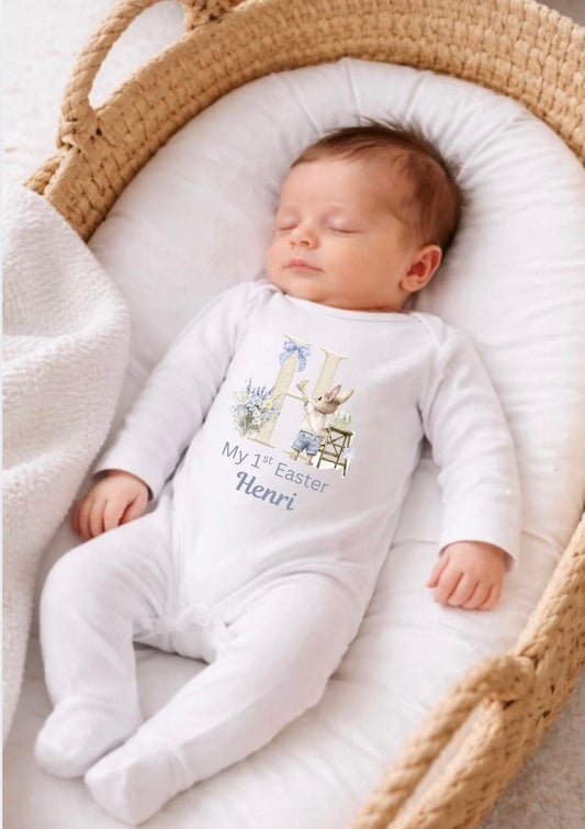 Initial my 1st Easter baby grow blue