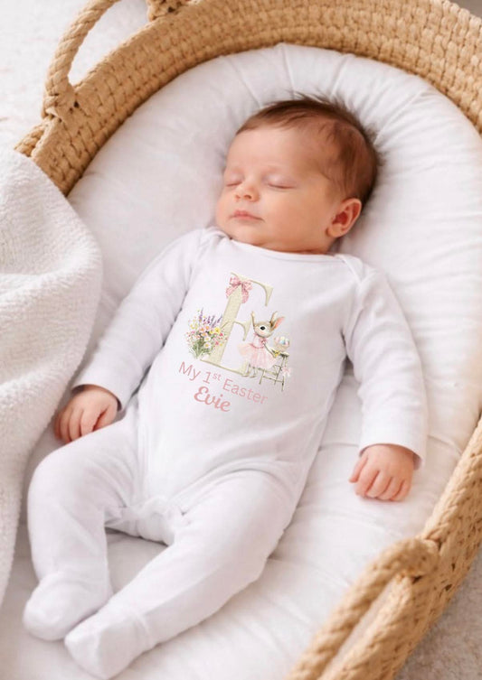 Pink bunny initial 1st Easter baby grow