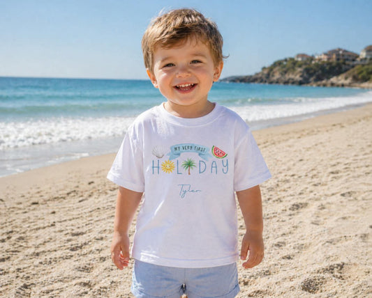 MY VERY FIRST HOLIDAY BLUE TSHIRT PERSONALISED