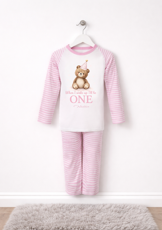 PINK STRIPE WATERCOLOR BEAR PERSONALISED PJS