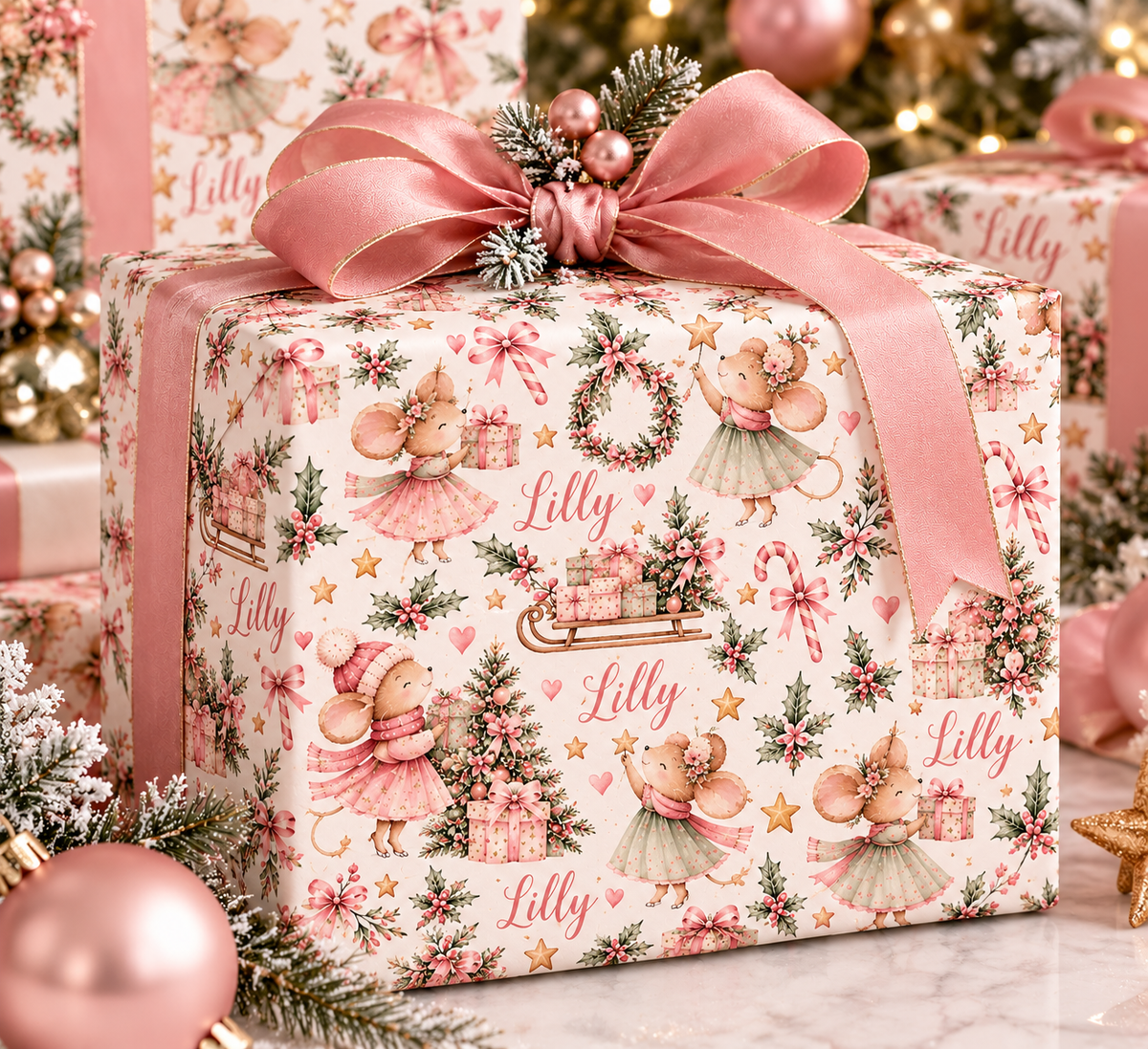 PERSONALISED MOUSE FLORAL CHRISTMAS WRAPPING PAPER