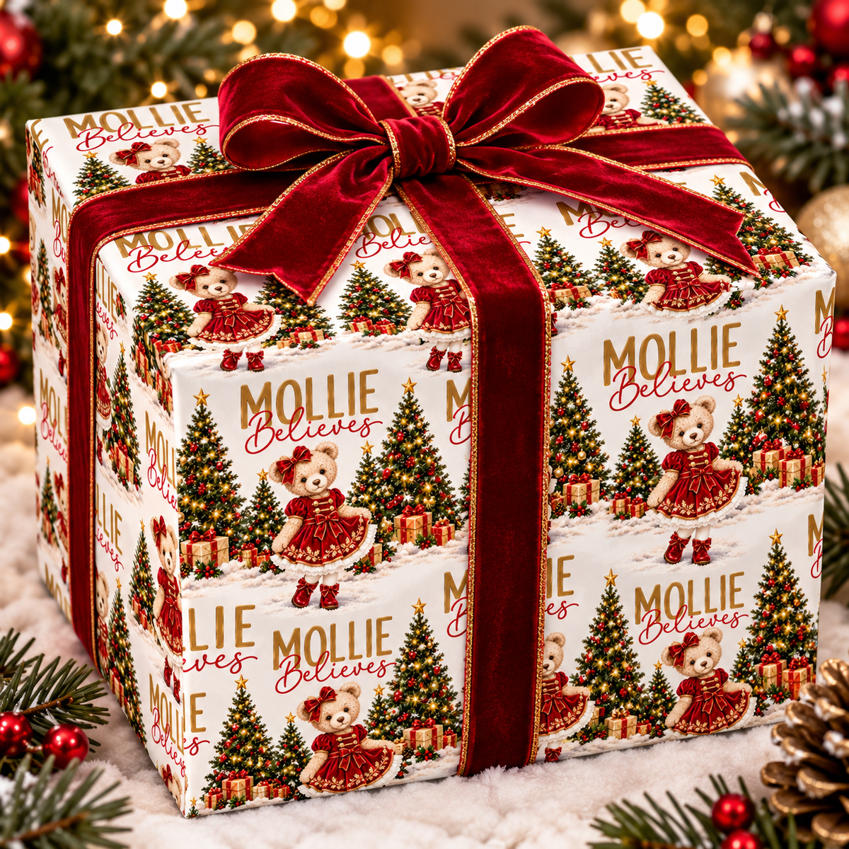 CHRISTMAS GIRL BEAR PERSONALISED WRAPPING PAPER