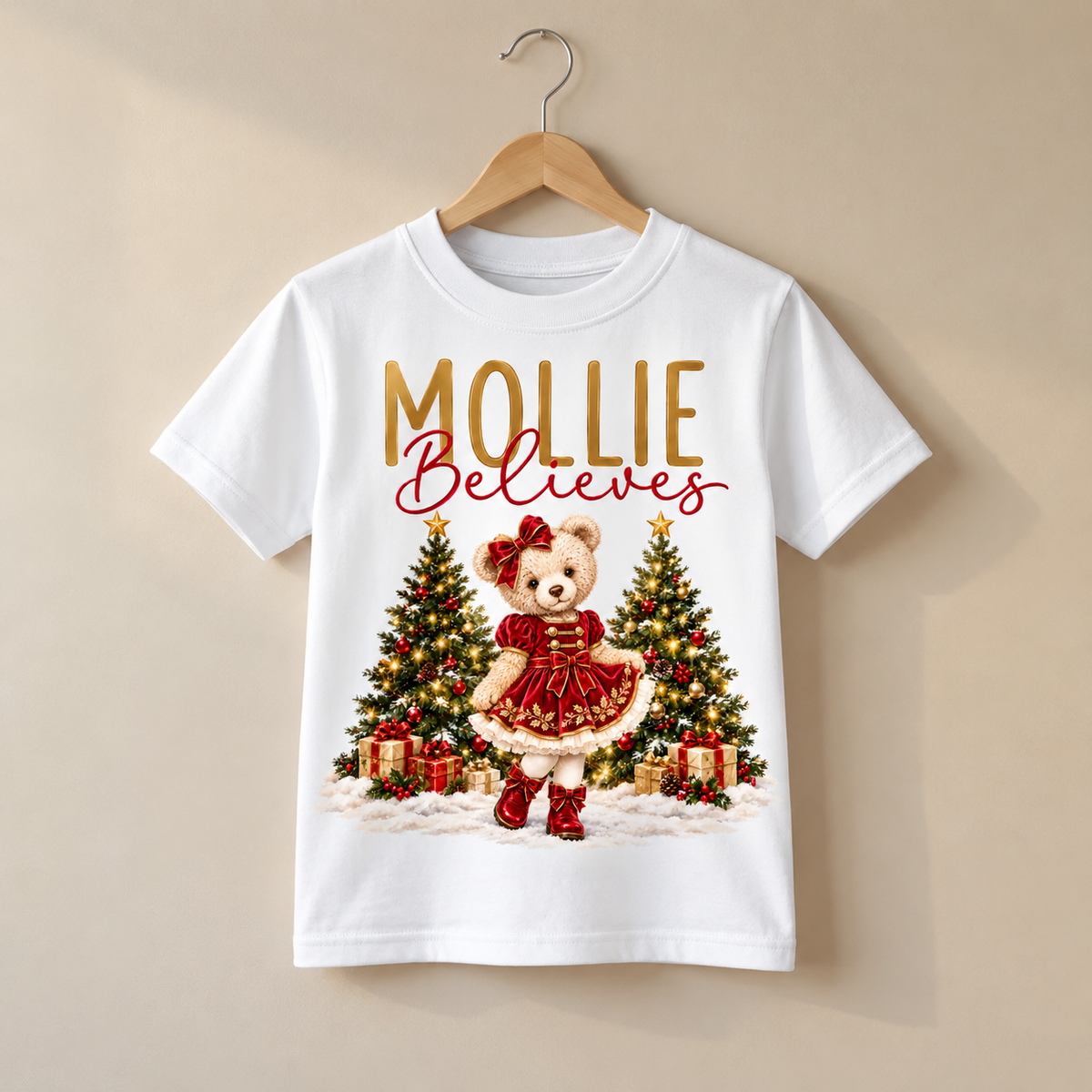 CHRISTMAS GIRL BEAR BELIEVES T-SHIRT
