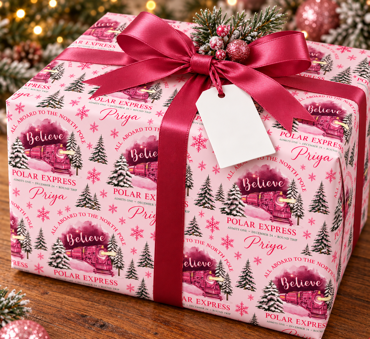 POLAR EXPRESS PINK TRAIN PERSONALSED WRAPPING PAPER