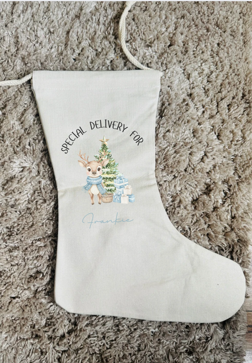 PERSONALISED BLUE REINDEER STOCKING