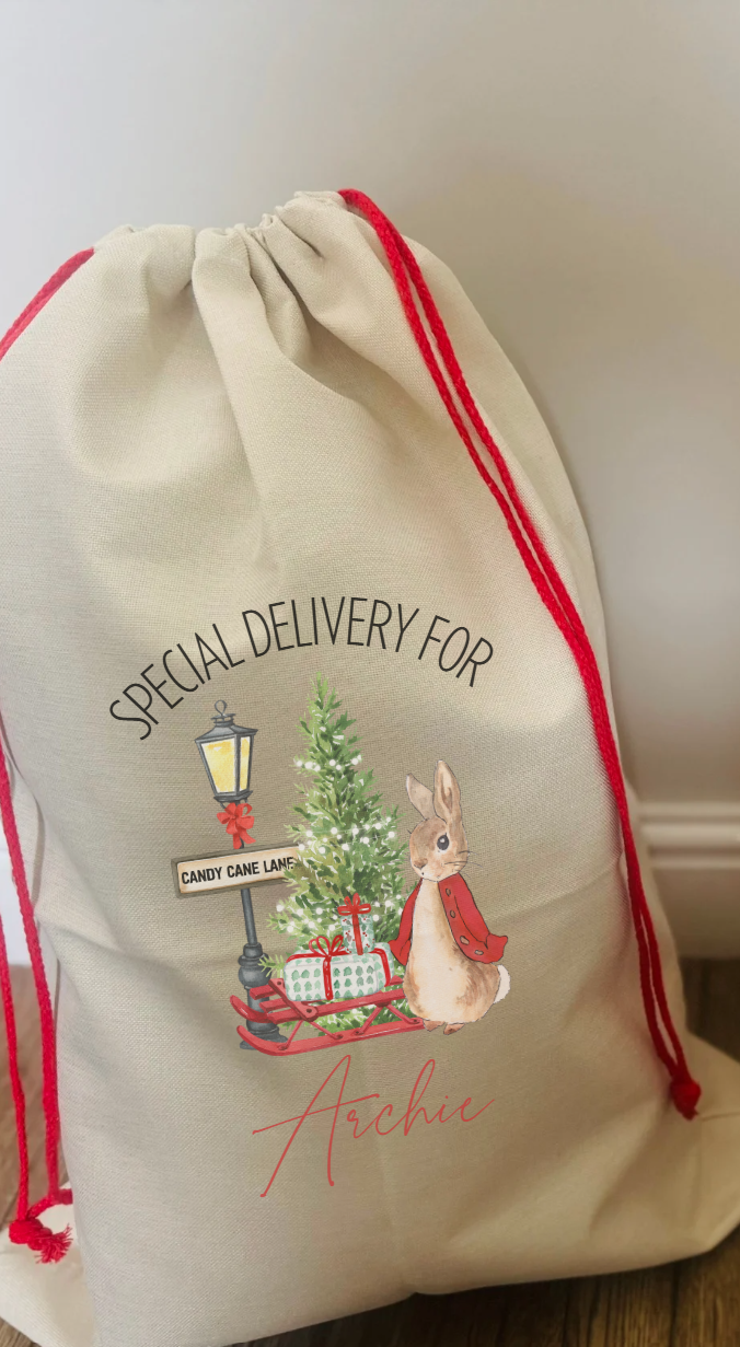 RED JACKET BUNNY CANDY LANE PERSONALISED CHRISTMAS SACK