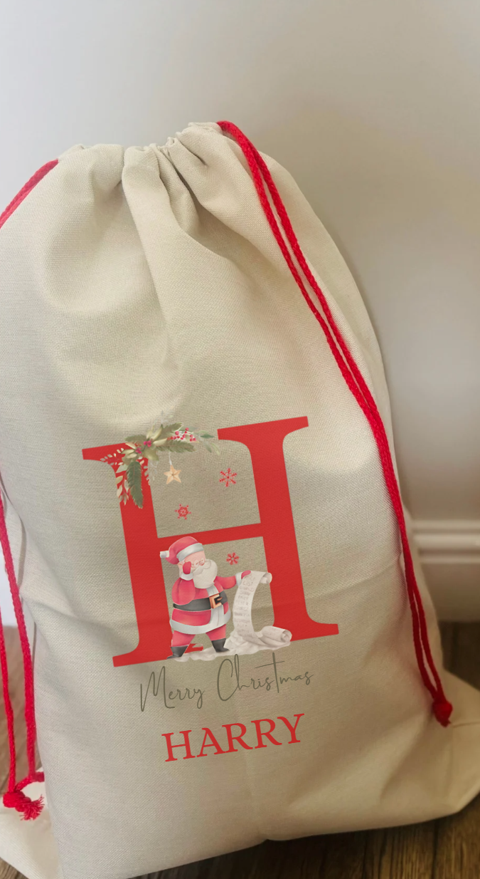 RED INITIAL SANTA THEME PERSONALISED CHRISTMAS SACK