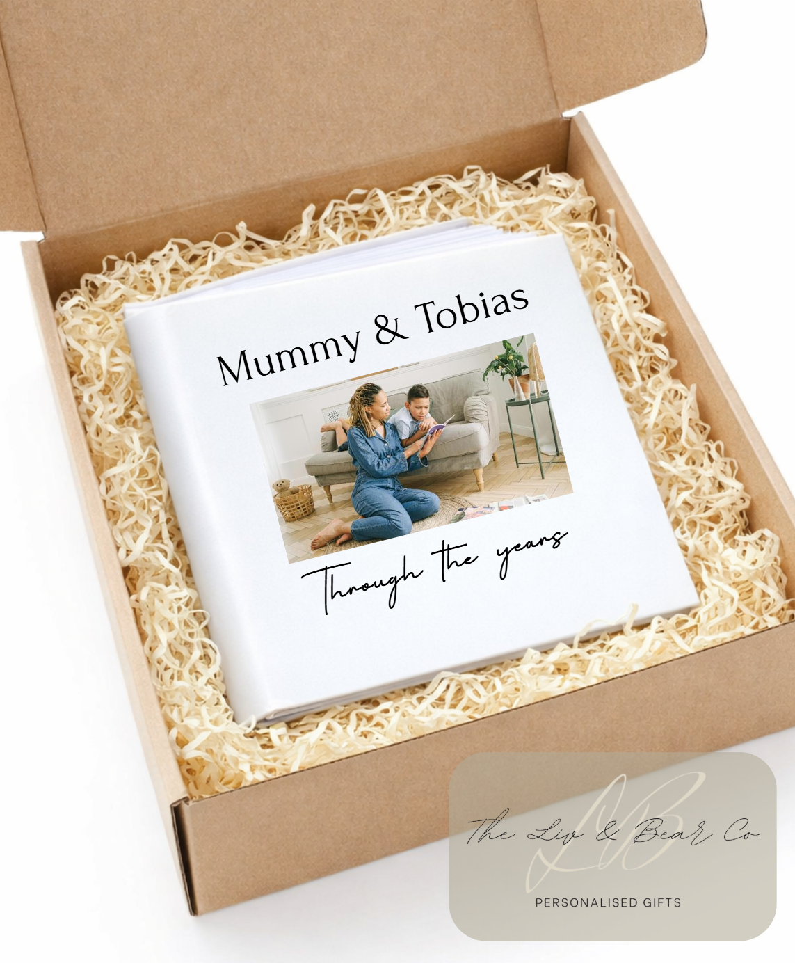 white fabric photo album personalised through the years