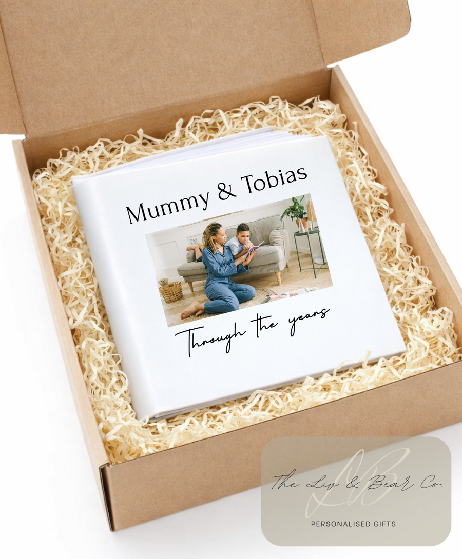 white fabric photo album personalised through the years