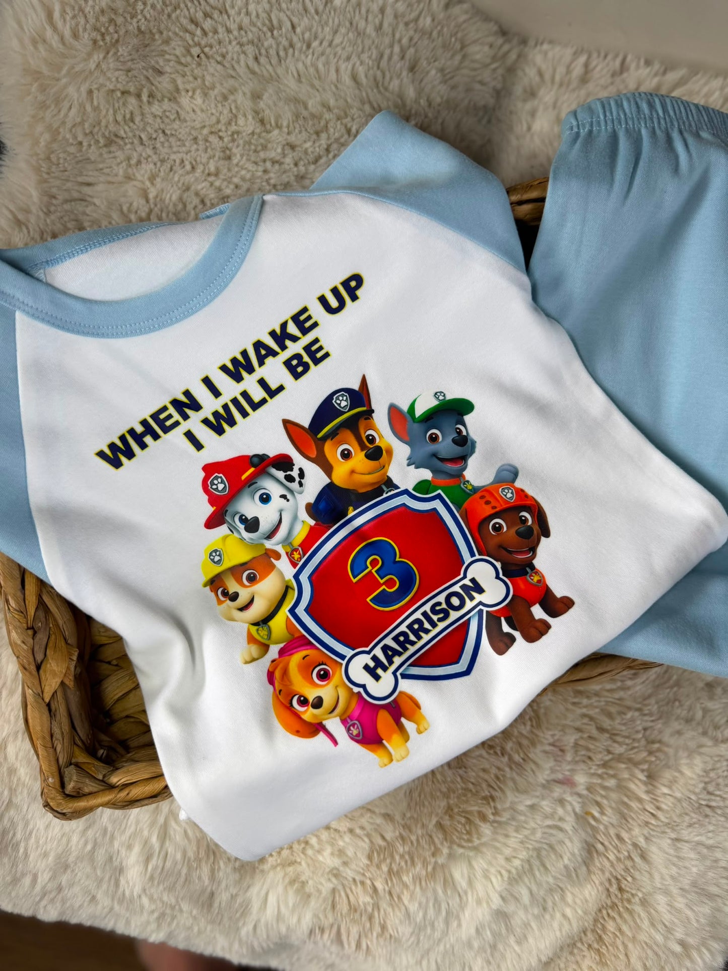 Personalised pup theme when I wake up birthday pjs