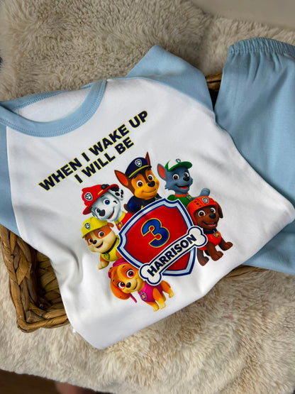 Personalised pup theme when I wake up birthday pjs