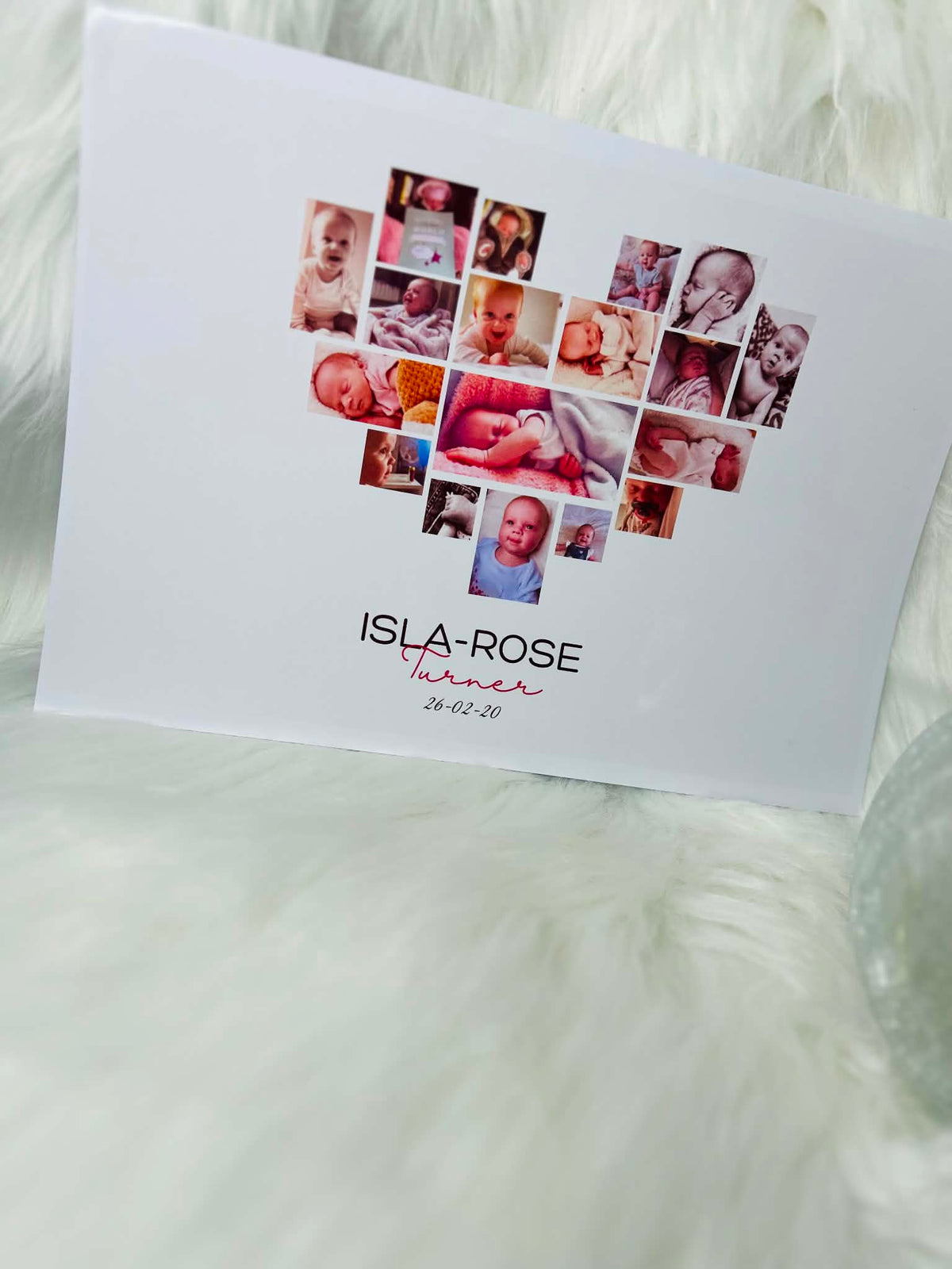 18 photo heart shape print with name and date of birth