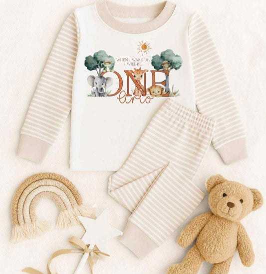 FIRST BIRTHDAY SAFARI THEME STRIPE PJS