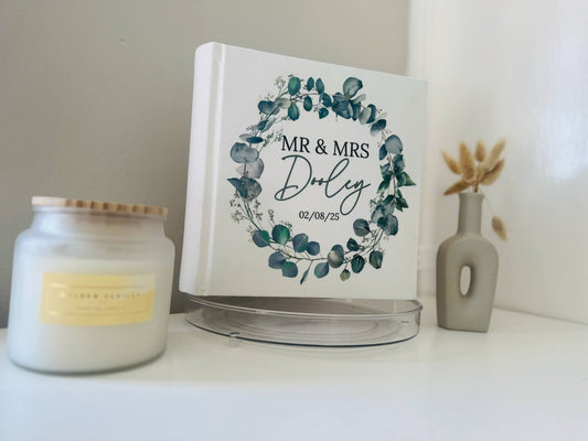 Personalised green leave wreath wedding photo album