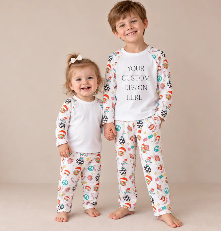 Groovy Christmas Print Long Raglan Sleeve Pyjama Set- custom design printed