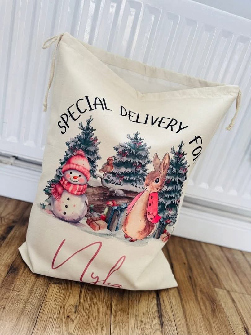 SPECIAL DELIVERY FOR PINK JACKET BUNNY CHRISTMAS SACK