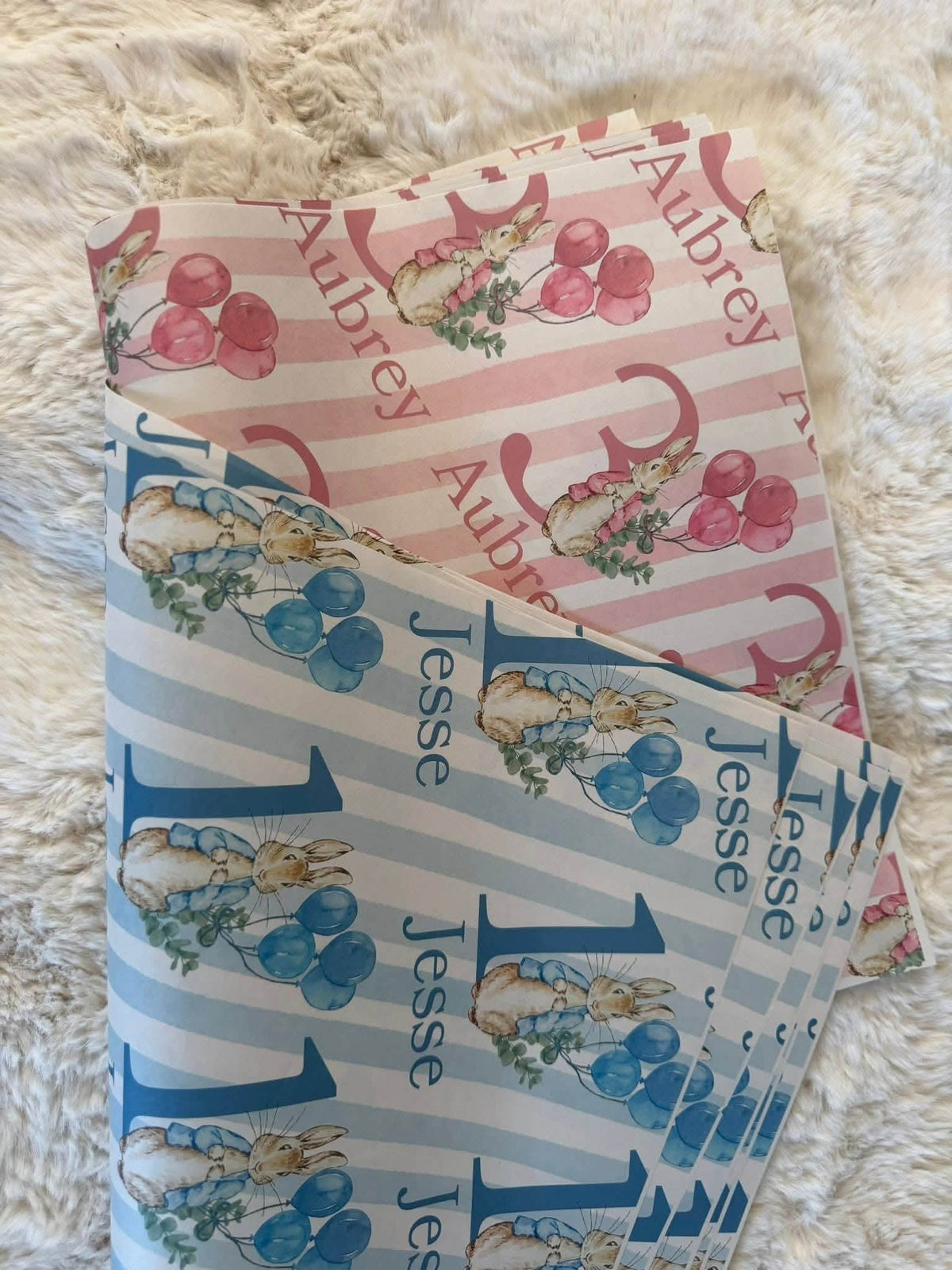 Personalised pink and blue jacket bunny wrapping paper