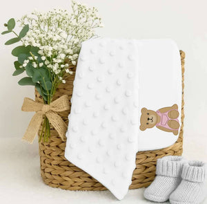Embroidery pink dungaree style bear white dimple blanket