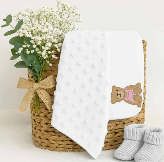 Embroidery pink dungaree style bear white dimple blanket