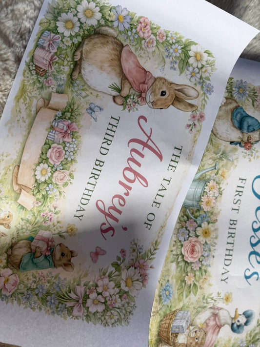 The tale of pink jacket bunny personalised birthday banner