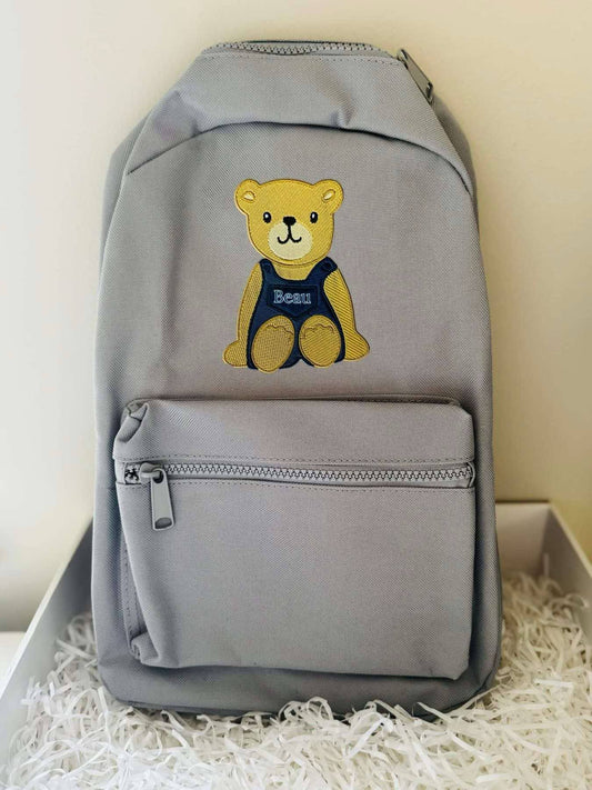 Personalised blue embroidery bear design backpack