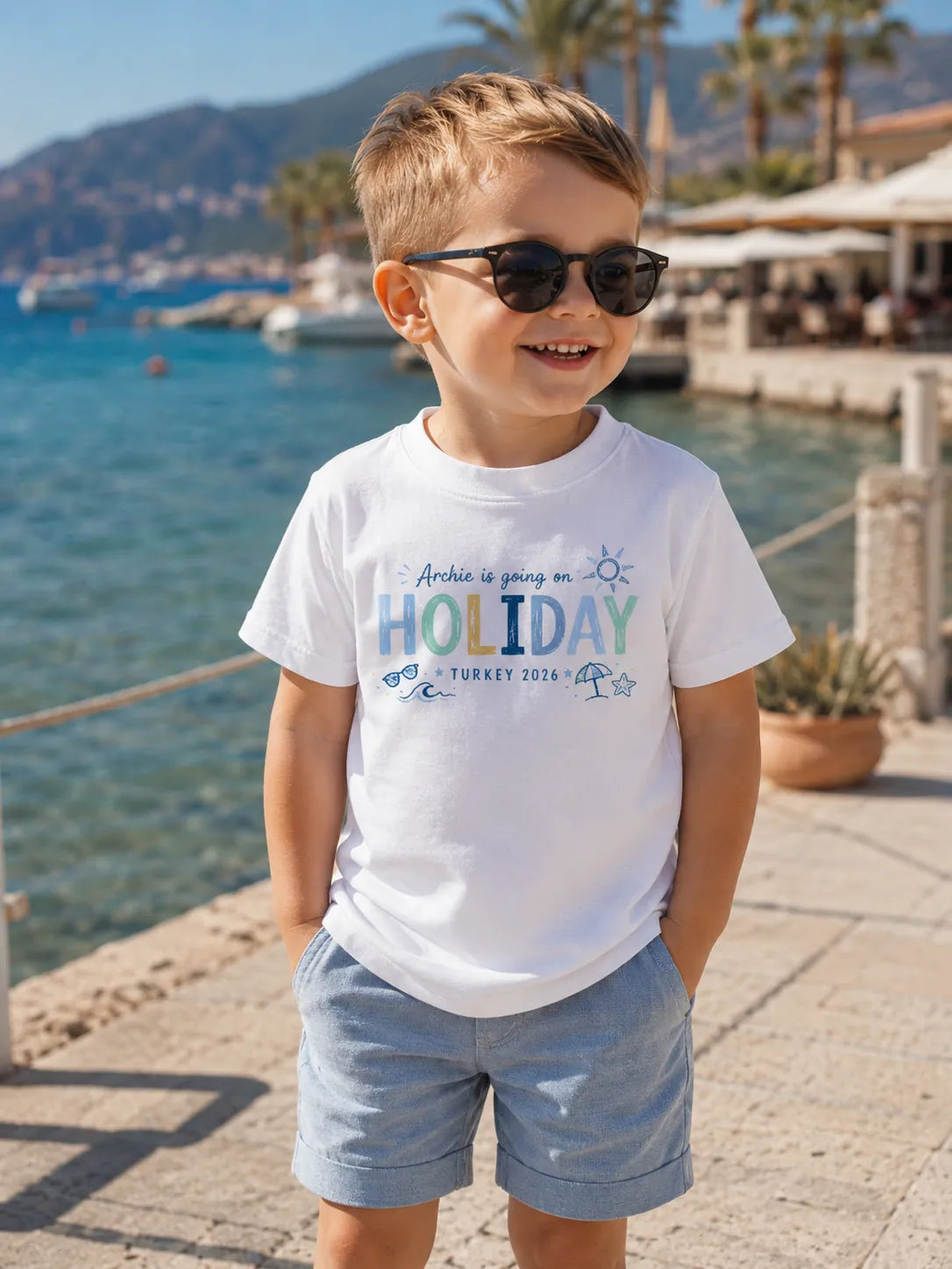 personalised blue/green theme going on holiday t-shirt