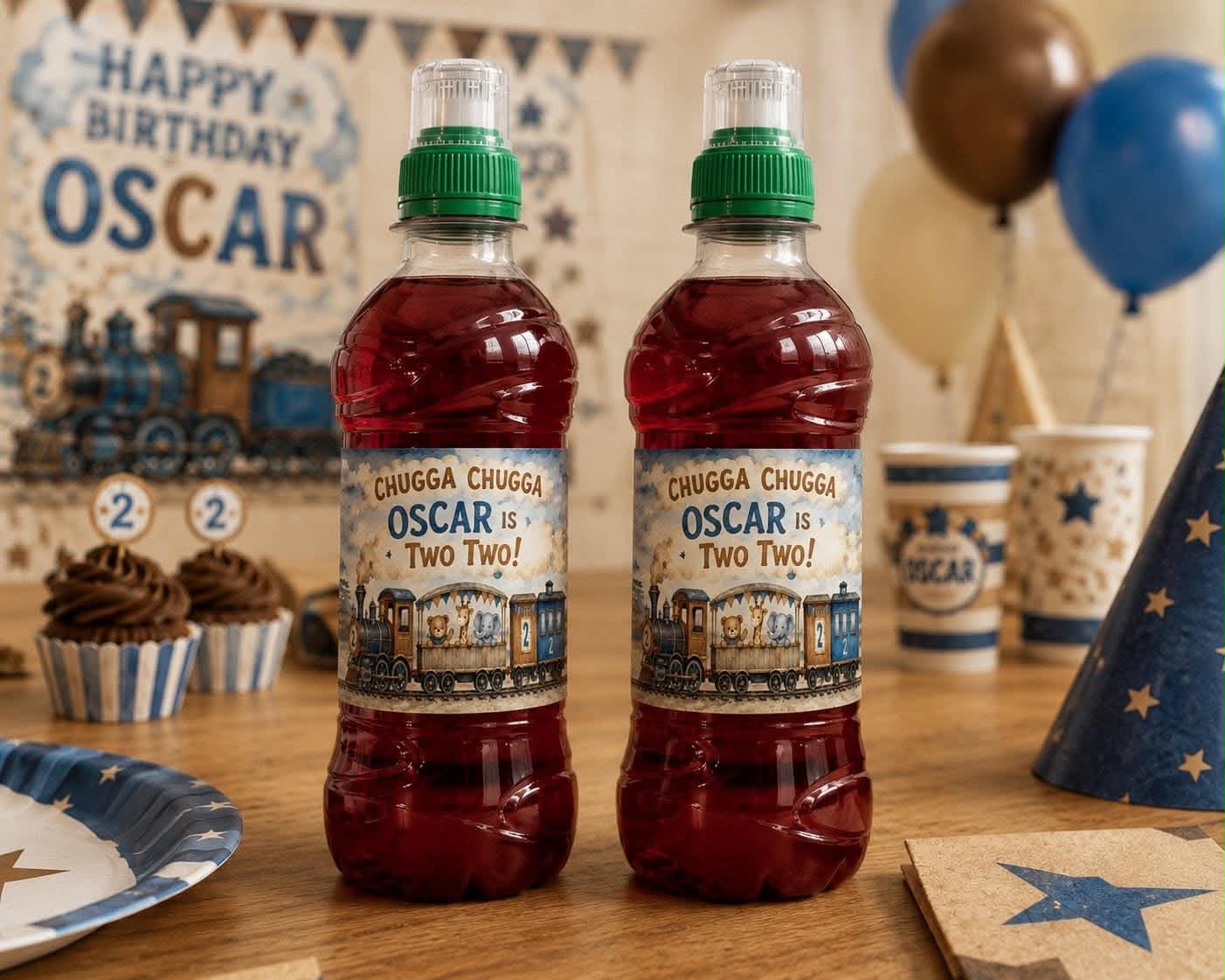 Chugga chugga personalised train theme fruit shoot labels