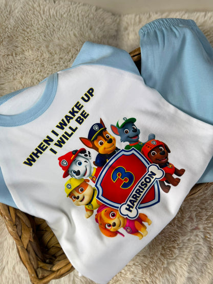 Personalised pup theme when I wake up birthday pjs