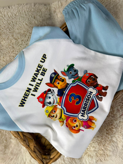 Personalised pup theme when I wake up birthday pjs