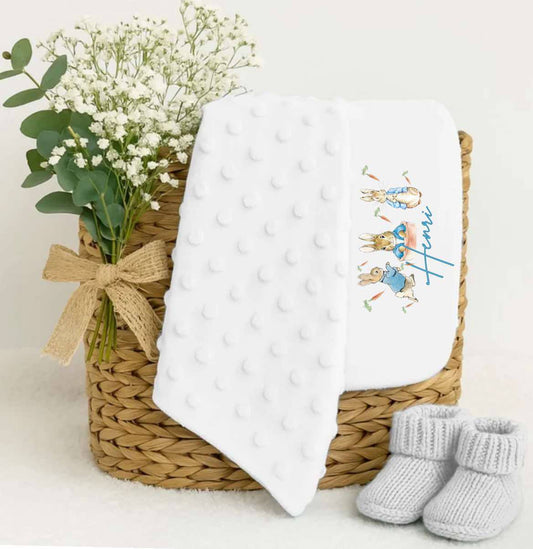 Personalised blue jacket bunny white dimple blanket