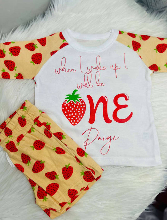 Strawberry theme short pjs personalised