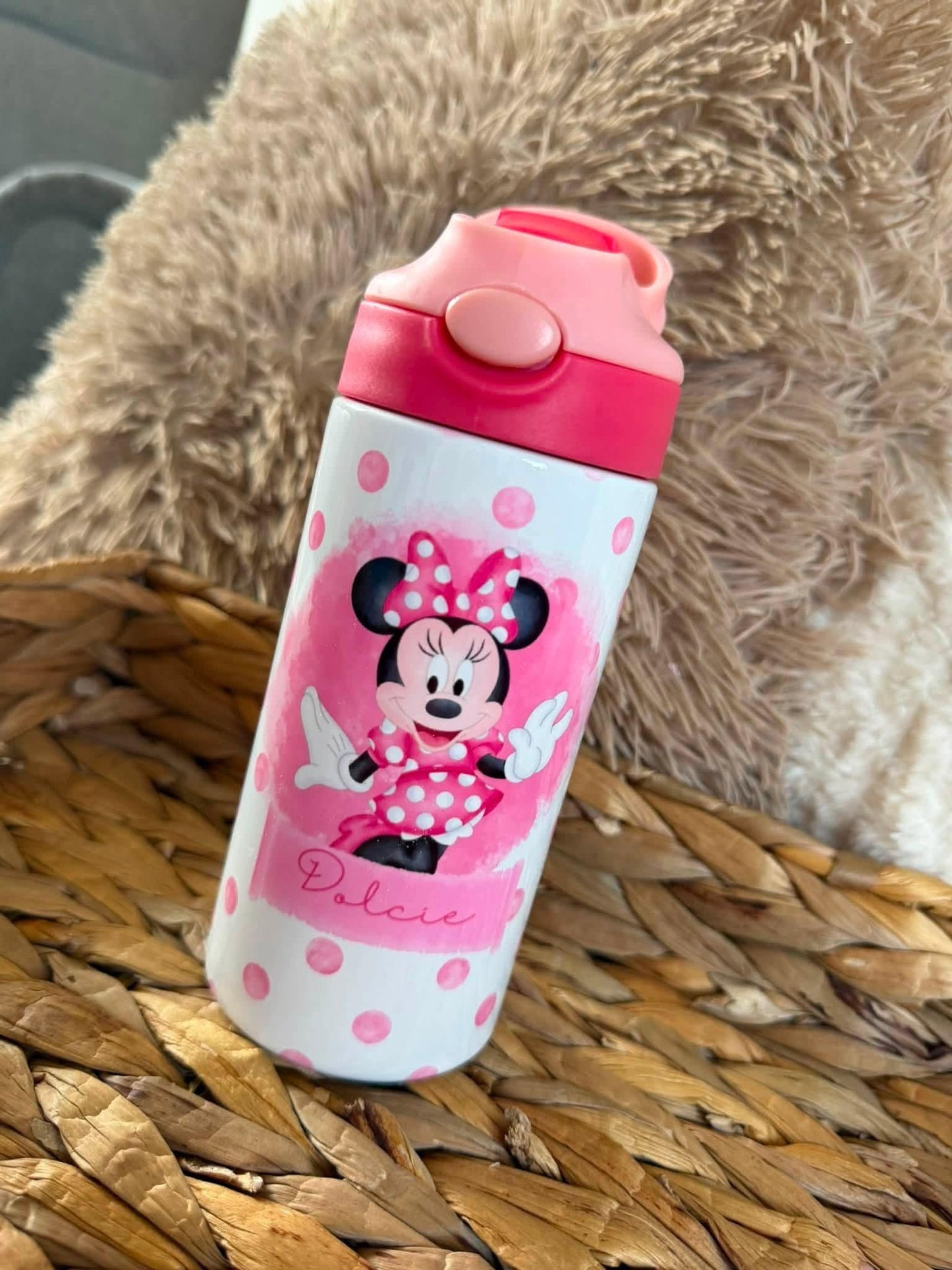Pink polka dot mouse personalised bottle