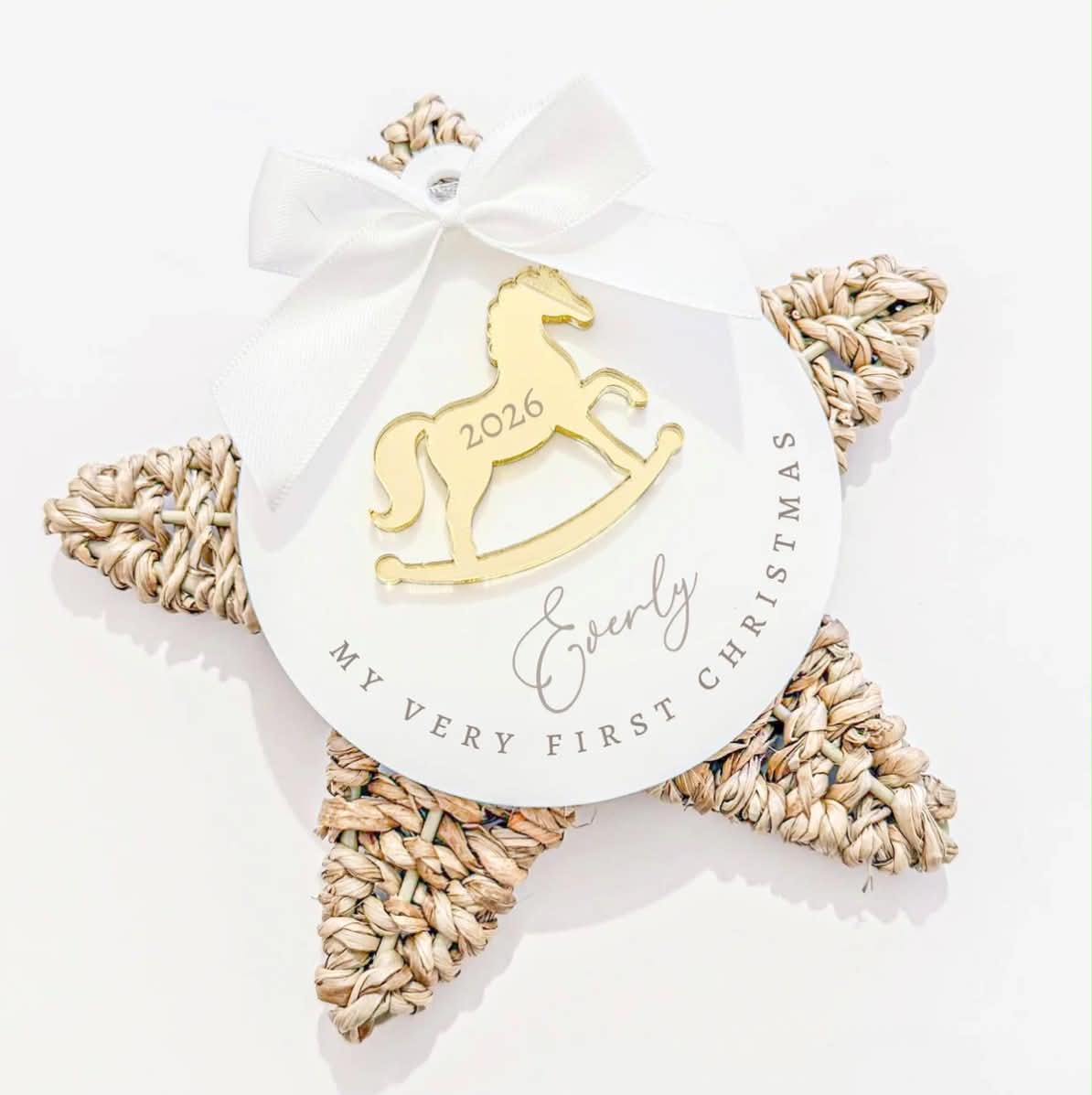 Rocking horse personalised acrylic first Christmas bauble