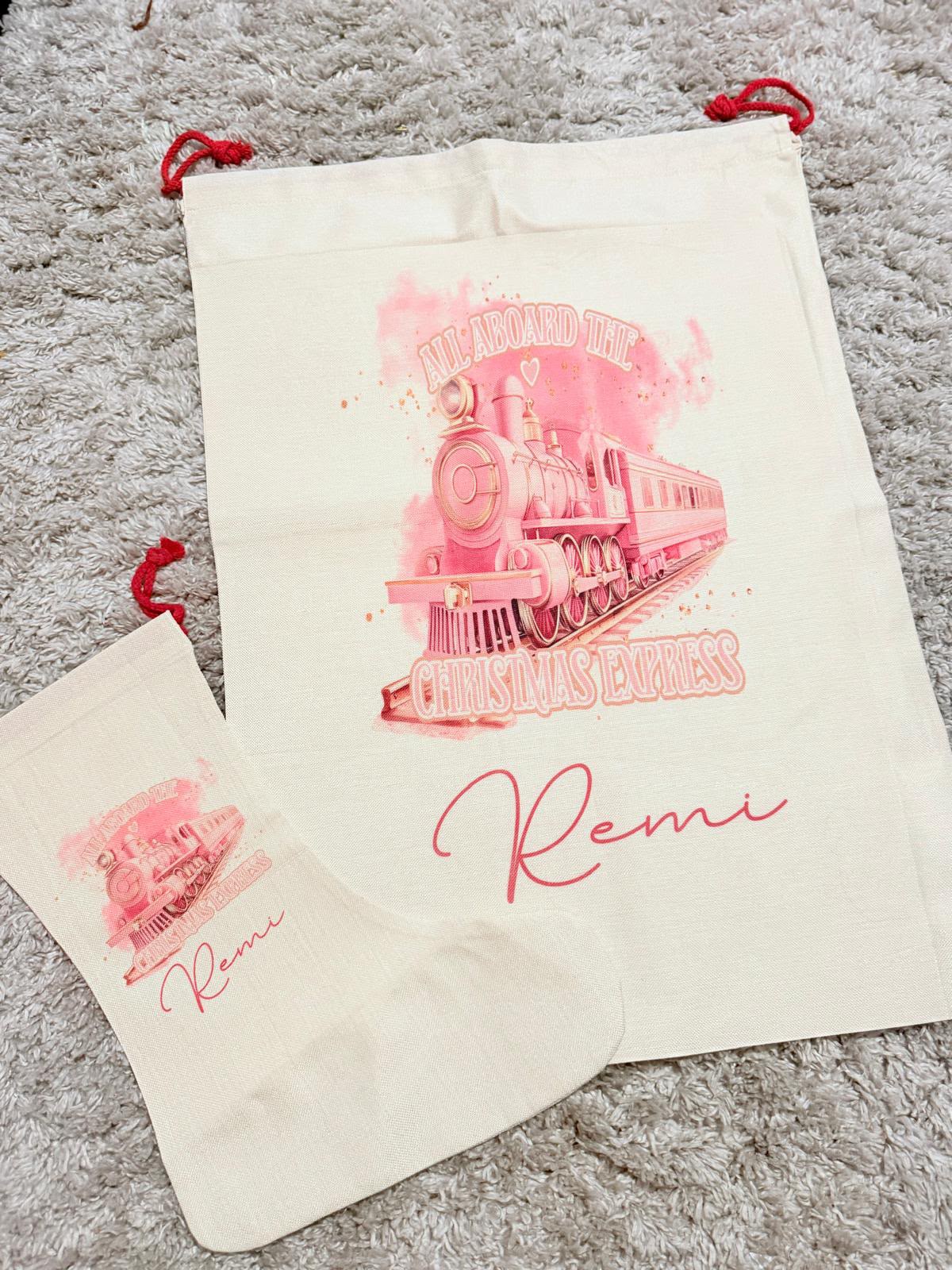 Personalised pink all aboard sack/stocking