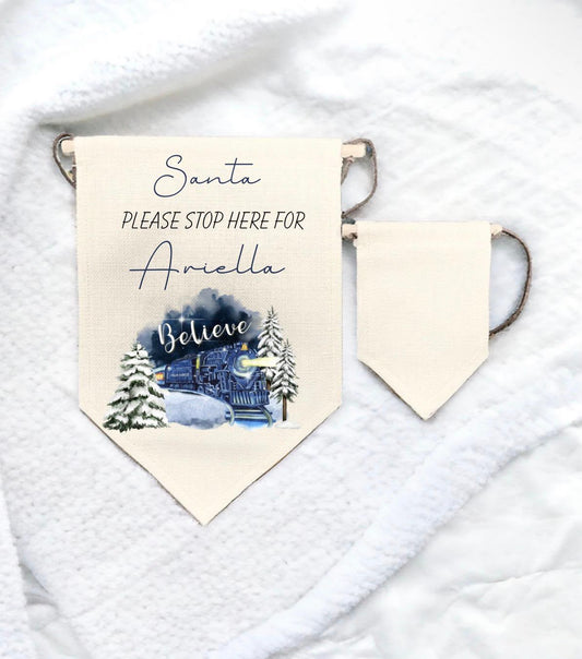 SANTA PLEASE STOP HERE FOR PERSONALISED LINEN HANGING DECORTATION BLUE EXPRESS