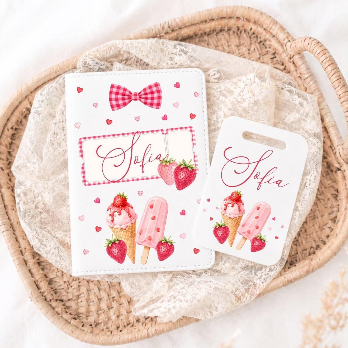 Strawberry/ice cream theme passport and acrylic tag bundle