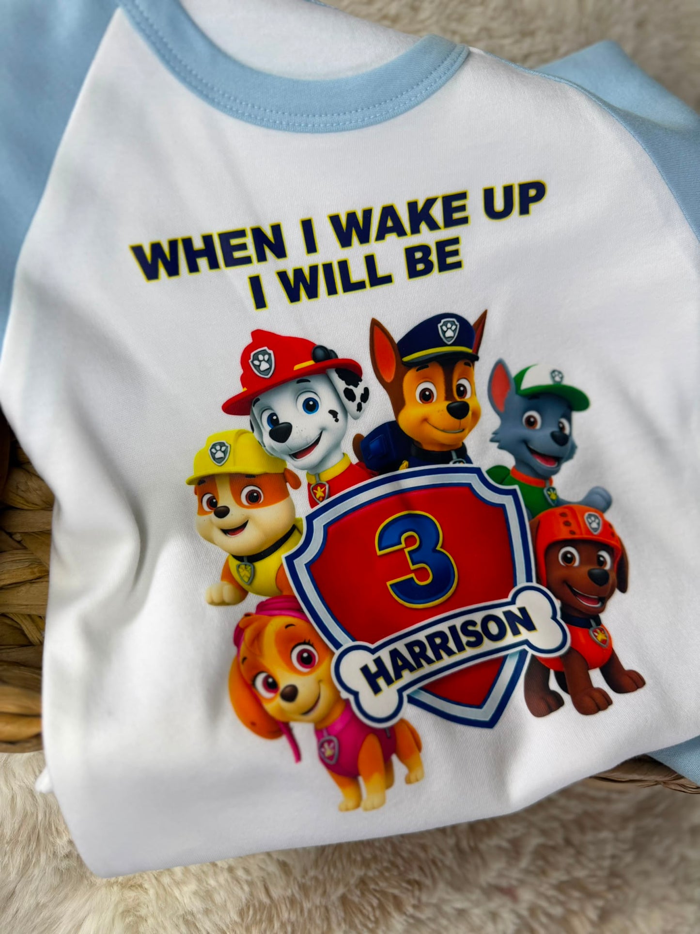 Personalised pup theme when I wake up birthday pjs