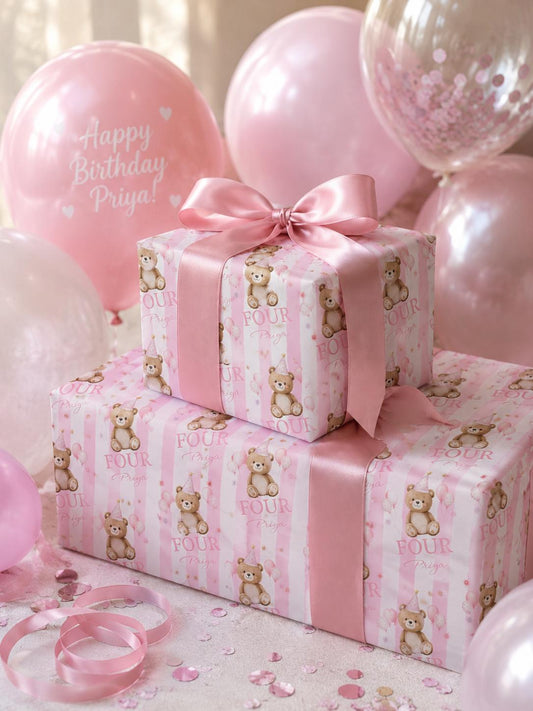 PERSONALISED PINK STRIPE BIRTDAY BEAR WRAPPING PAPER