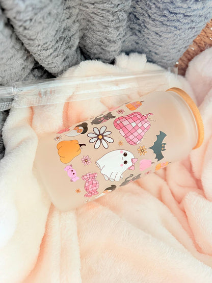 Ghost pumpkin bat design glass can