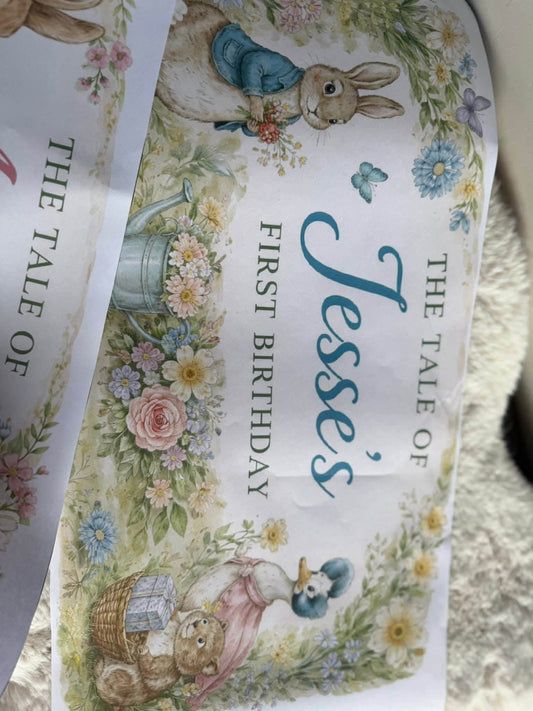 The tale of blue jacket bunny personalised birthday banner