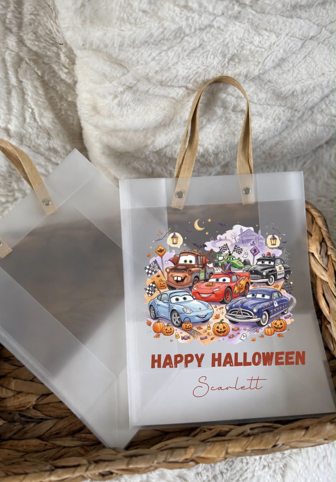 Racing cars personalised frosted happy Halloween bag